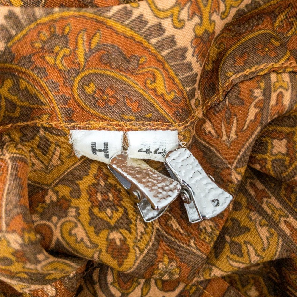 Vintage 70s M Silk Hippy Print Blouse Brown Tan - Picture 7 of 8